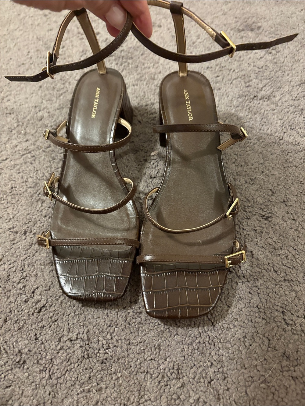 Ann Taylor Brown Croc-Embossed Strappy Leather Heels